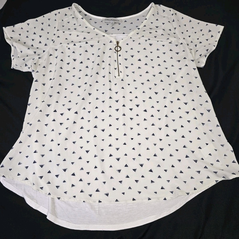 Tempted Hearts Women's‎ 2X Blouse White/Navy Blue Short-Sleeve